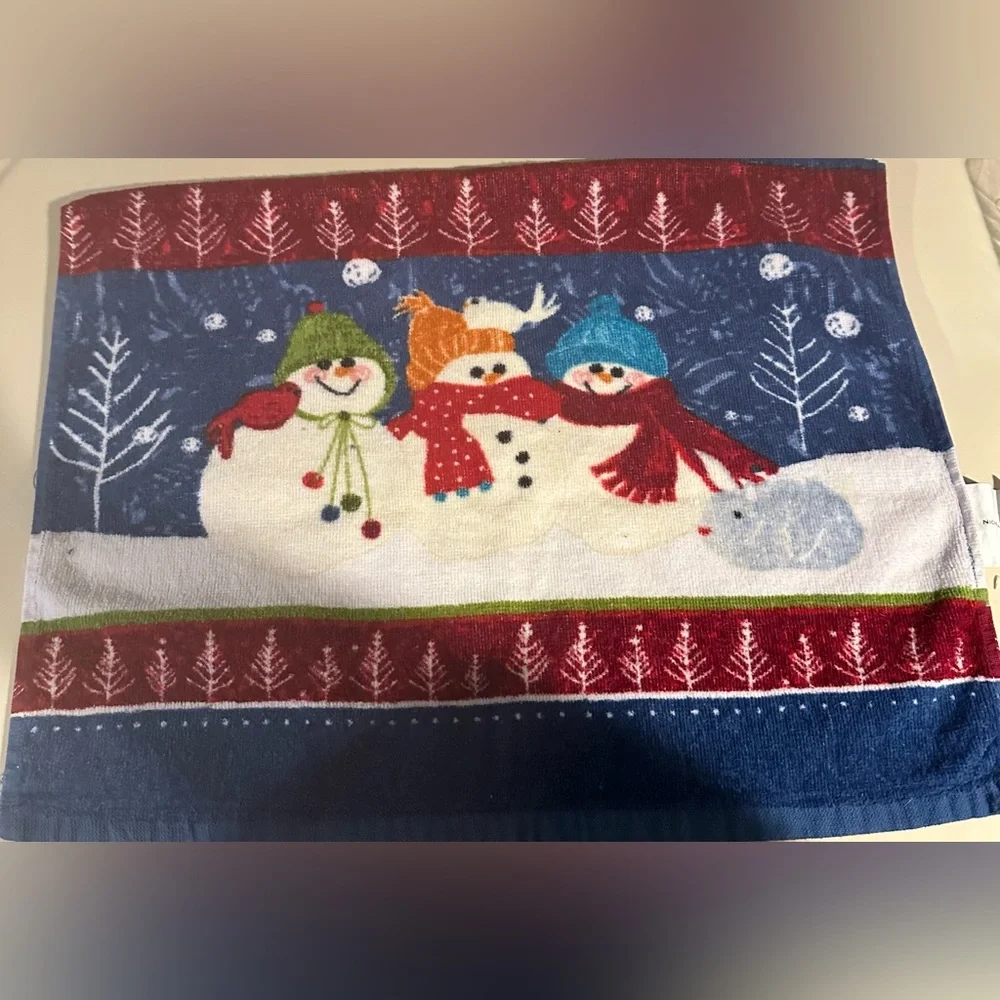 St Nicholas Square Holiday Tea Guest Kitchen Hand Towel Snowman Snowmen Blue HTF